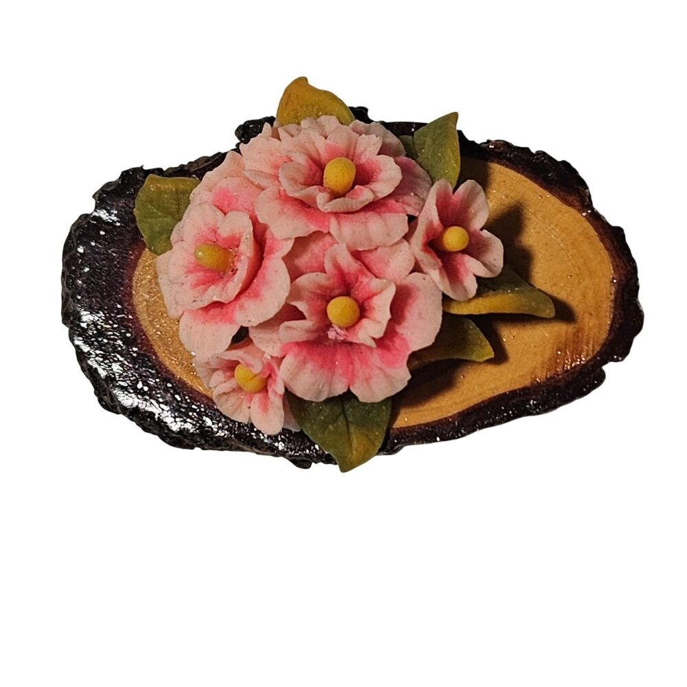 Handcrafted Retro Floral Wood Slice Brooch Pink Flowers Nature Fashion Jewelry